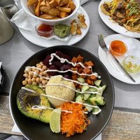 Buddha Bowl and Sweet Potato wedges  at Riverbank of Queanbeyan Cafe in Queanbeyan