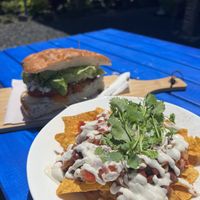 Vege nachos (no cheese) & the falafel sammie (it’s huge!)  at Flying Turtle Cafe in Rarotonga