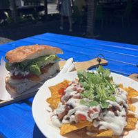 Vege nachos (no cheese) & the falafel sammie (it’s huge!)  at Flying Turtle Cafe in Rarotonga