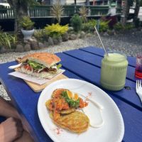 Corn fritters with paw paw salsa & the falafel sammie (which is huge!)  at Flying Turtle Cafe in Rarotonga
