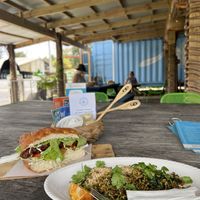 Falafel sammie and toasted coconut fried rice   at Flying Turtle Cafe in Rarotonga