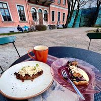Karelian pie and tofu ”egg butter” & blueberry pie.   at Kahvila Rakastan in Helsinki
