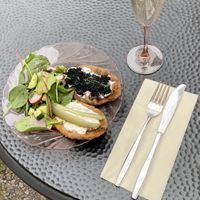 Carelian pies and Rhubarbra sparkling dry  at Kahvila Rakastan in Helsinki