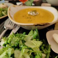 Roasted vegetable Soup & salad for lunch with home made bread at Kahvila Rakastan in Helsinki