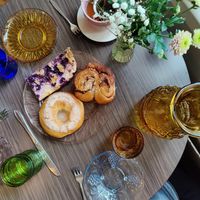 Raspberry/blueberry pie, cinnamon roll,buttereye bun at Kahvila Rakastan in Helsinki