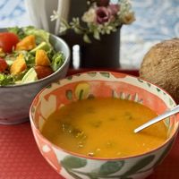 Crema de Pejibaye with salad  at Sopitas in San Jose