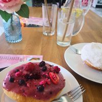 forest fruit and coconut donuts at La Donuteria in Zilina
