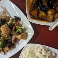 Tofu with veg, aubergine and rice at Cuina Xinesa Tradicional in Barcelona