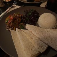 Vegan Hoisin Seitan Duck with rice and veg at Mary's Bar in Magherafelt
