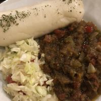 Issingui : Molho de berinjela, fufu de arroz e salada / Eggplant sauce, rice polenta and salad​  at Biyou'Z Gastronomia Africana in Sao Paulo