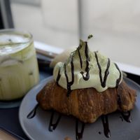 Matcha latte w matcha cream croissant 🥐   at Nuldam Space - Haebangchon in Seoul