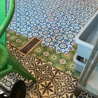 Colorful patterned tiles in the indoor dining area  at Little Rico in Hudson