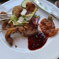 Mix of onion and aubergine beignets with pickleed  at Le Maharaja in Dijon