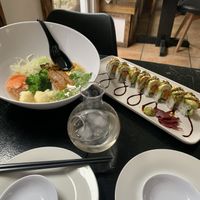 Vegan Habanero lime udon, sake, and vegan dragon roll  at JYOTO in San Pedro
