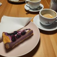 Blueberry cake + cappucino at Greens Cafe Deli in Kempen