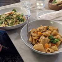 Butternut squash pasta and shredded Brussels sprouts salad at Massilia in Santa Monica