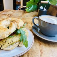 Avocado Pear and vegan halloumi style cheese chilli jam ! Very tasty ⭐️⭐️⭐️⭐️⭐️  at The Bagel Shop in Sidmouth