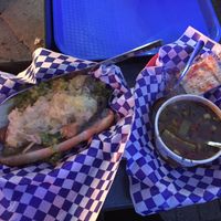 Veggie wurst loaded with brown ale mustard, dill relish, sauerkraut and soup at Munchen Haus in Leavenworth