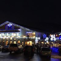 München Haus located on the right with all the snowflakes at Munchen Haus in Leavenworth