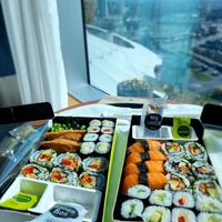 Take away, with view at the O2 (from the hotel room) at Wasabi - O2 in South East London