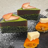 Dessert, Matcha cake & kumquat with vegan butter on top.    at JumJumJumJumJumJum - 점점점점점점 in Seoul