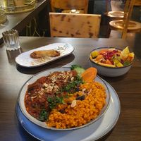 Moussaka with salad and baklava at Mazaya in Krakow