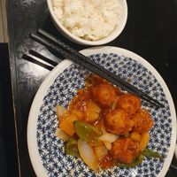 [I had eaten a bit before the photo]"Orange chicken?" Soy protein with rice ordered on the side. at Sairaien in Tokyo