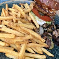 Burger with regular pommes (fries)  at Blauer Fuchs in Freiburg