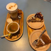 Coffees, tiramisu cake, speculoos mousse cake  at LUDO in Ghent