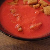 Beetroot salmorejo with croutons. at Veggira in Bilbao