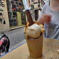 Bubble waffles with ice cream and chocolate shot at Sugar Killer in Athens