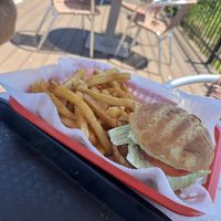 Salmon sandwich with French friess  at Garden Patch by the Sea in Quincy