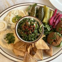 The falafels are light and puffy, everything is made in house. This is the vegetarian (vegan) platter. We also got daba beans and coriander potatoes with garlic sauce.  at Cambria Cafe in Cambria