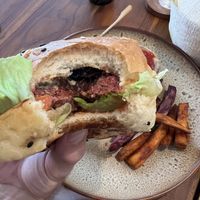 Vegan cheese burger. Patty looks like beetroot but it tasted like a meat patty! Very nice flavour   at Chickpea Bali  in Ungasan