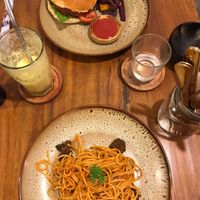 ‘Meatball’ spaghetti and vegan cheeseburger 🍔   at Chickpea Bali  in Ungasan
