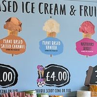 Vegan Ice cream and sorbet flavours, plain cones are also vegan   at Flissys Coffee Shop in Thurstaston