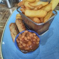 Vegan sausages and chips (cooked in a separate fryer) at Flissys Coffee Shop in Thurstaston