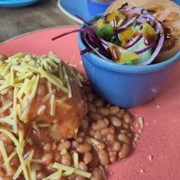 Vegan baked potato with beans and v cheese at Flissys Coffee Shop in Thurstaston