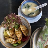 Miso soup and fried dumplings  at To80 vegan in Cologne