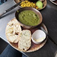 Soup of the day (todays was pea, mint and spinach - vegan) at Kindness Cafe in Todmorden