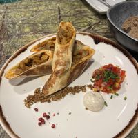 Tortilla starter - filled with a Spanish style seitan and very tasty with the dips  at Jardineiro - Vegan Kitchen in Porto