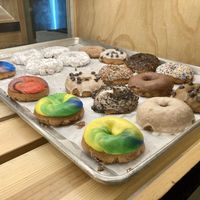 Tray of vegan donuts left at night  at SloDoCo in Atascadero