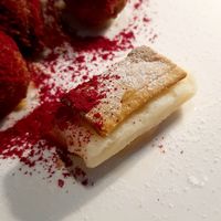 soy milk sorbet with buckwheat biscuit (dessert) - close-up at The Restaurant Pendolino in Sydney