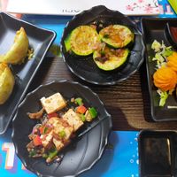Vegetarian gyoza, grilled tofu, grilled zucchini, croquettes at Yayami in Namur