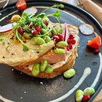 Leberkäse with "egg" on brioche at Alua Catering Cafe in Dresden