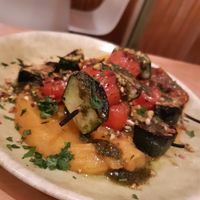 Grilled curgette and tomate with mashed sweet potato and pumpkin at Cafe Manah in Lisbon