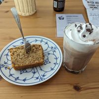 Franzbrötchen cake and cocoa with ice cream and whip. at Katers Köök in Hamburg