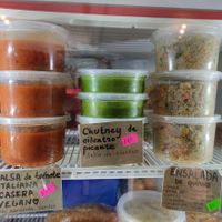 Pesto, salsa, chutney, quinoa salad. Todo vegano at Yu'gupa in Mazunte