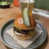 Vegan Burger: Double ‘Moving Mountains’ Patty, Cheese, Pickles, Burger Sauce, House Chips  at Pint Shop in Cambridge