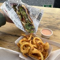 Falafel burger and Curly fries with chilli mayo  at Ibiza bowls in Copenhagen